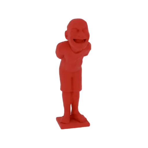 3D рендер красной фигурки мальчика с запрокинутой головой, заливисто смеющегося, стоящего на квадратном основании.