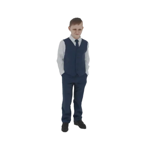 3D модель мальчика в синем костюме, белой рубашке и галстуке, с руками в карманах и легкой улыбкой.