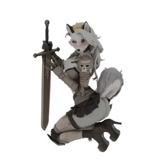 3D model of a warrior wolf girl in a pin-up pose, wearing armor and holding a sword, with a crown on her head.