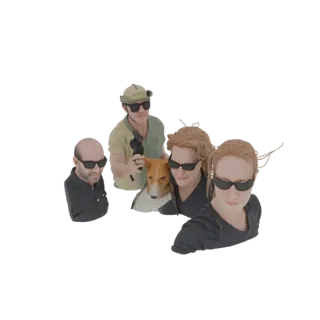3D-модель группы из четырех человек и собаки, все в солнцезащитных очках, на белом фоне.