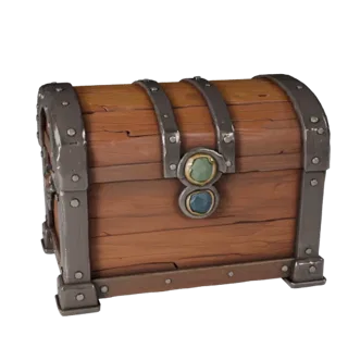 Готовая к просмотру 3D-модель Фэнтезийный сундук с сокровищами GLB, студийный рендер с перспективой, показывающий форму добыч