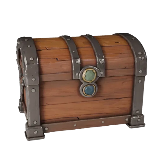 Готовая к просмотру 3D-модель Фэнтезийный сундук с сокровищами GLB, студийный рендер с перспективой, показывающий форму добыч