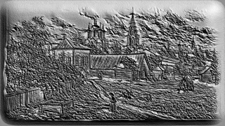 3D модель барельефа "Деревенский пейзаж с церковью", изображающая старинную церковь, дома и деревья в рельефном исполнении.