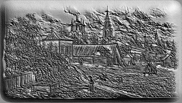 3D модель барельефа "Деревенский пейзаж с церковью", изображающая старинную церковь, дома и деревья в рельефном исполнении.