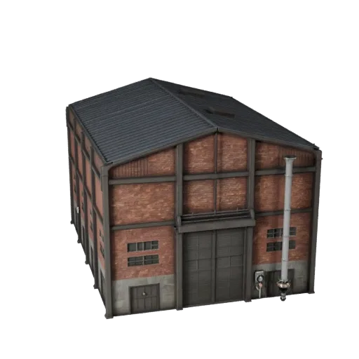 3D модель фабричного здания, готовая к использованию в Blender, вид рендера студии Blender, показывающий материалы промышленн