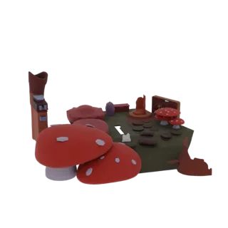 3D-рендер сказочной диорамы с большими красными грибами, деревенскими предметами и высоким коричневым объектом в виде ботинка