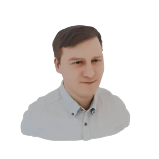 Рендер 3D модели мужчины с короткими каштановыми волосами в голубой рубашке, смотрящего на зрителя с легкой улыбкой.