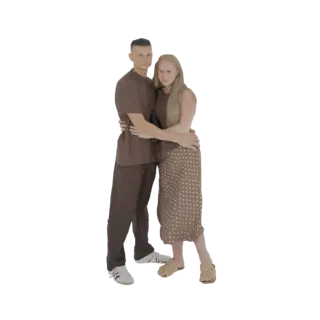 3D model of a man and woman embracing, both wearing casual brown outfits, against a white background.