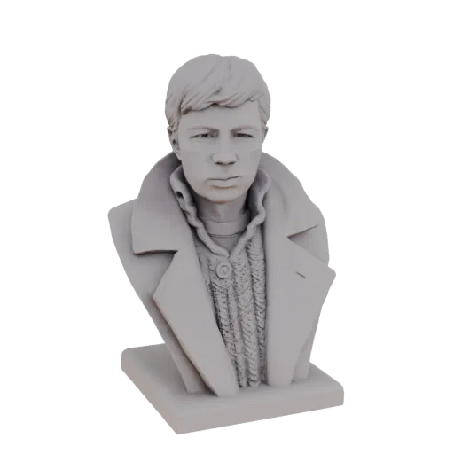 3D модель бюста молодого человека в плаще поверх свитера крупной вязки, с нейтральным выражением лица.