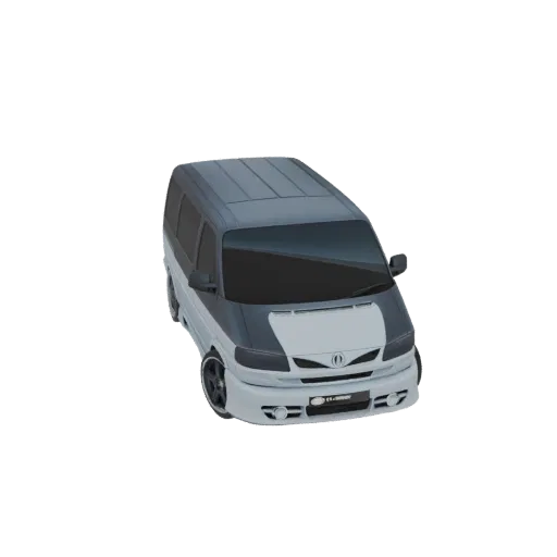 3D модель кастомного фургона Volkswagen T4 с двухцветной окраской и спортивным обвесом, вид сверху.