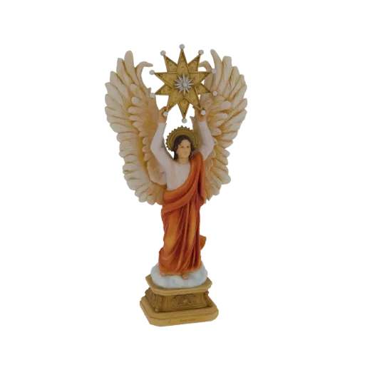 3D модель безмятежного ангела с большими крыльями, держащего звезду над головой, стоящего на облачном постаменте.