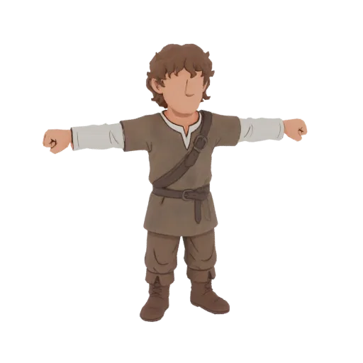 3D модель персонажа молодого искателя приключений с кудрявыми каштановыми волосами, в тунике, брюках и сапогах, с раскинутыми