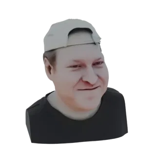 3D model of a man wearing a light-colored baseball cap and a black t-shirt, with a friendly expression.