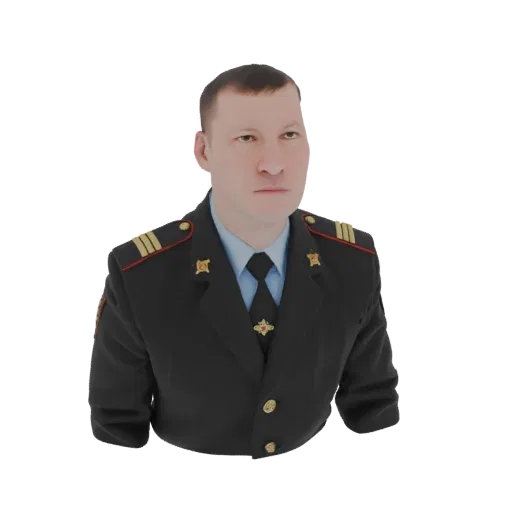 3D модель российского полицейского в форме, вид спереди, на белом фоне.