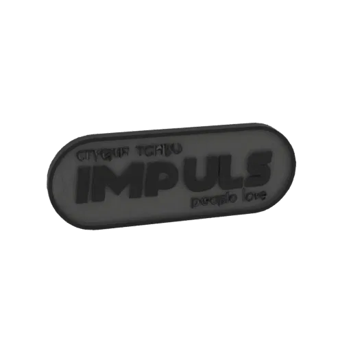 3D рендер темной овальной эмблемы логотипа Impuls с рельефным текстом и ненавязчивым слоганом.