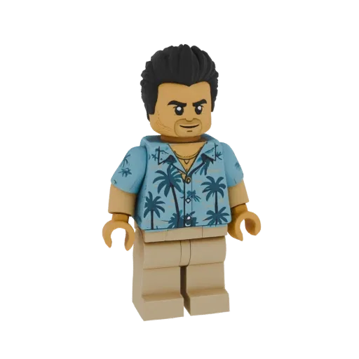 3D-модель минифигурки Lego в синей гавайской рубашке с пальмами и бежевых штанах.