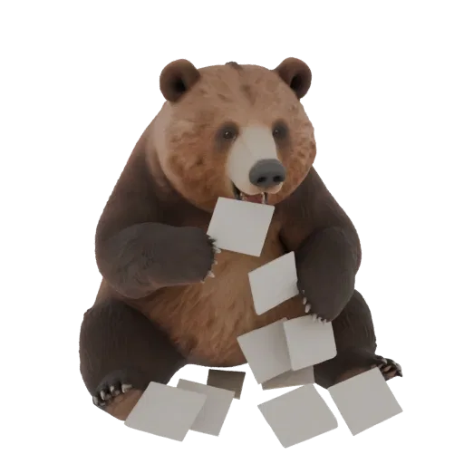 3D модель коричневого медведя, сидящего и держащего в лапах квадратные бумажные листки, с отверстием во рту для вставки бумаг