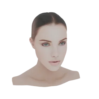 3D render of an AI-generated woman's head with realistic skin, detailed features, and captivating blue eyes, presented on a t