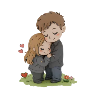 3D model of a cute chibi couple hugging, with large eyes and rosy cheeks, standing on grass with flowers and hearts.
