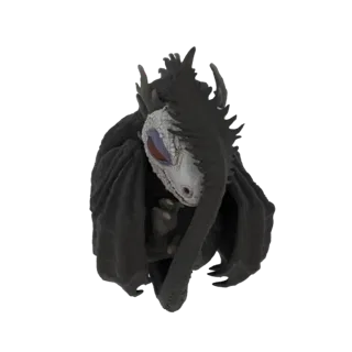 3D model of a dark dragon hatchling with a white face, red eyes, and black wings, curled up protectively.
