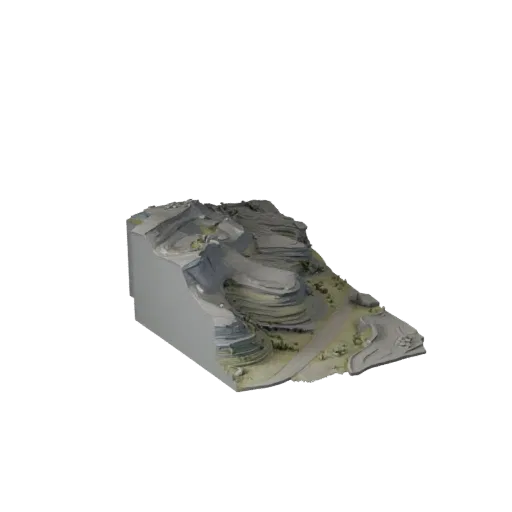 Модульный высокополигональный 3D-модель берега реки, кинематографический рендер крупным планом, показывающий слои почвы, края