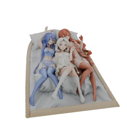 3D модель трех аниме-девушек в синем, белом и коралловом белье, позирующих на кровати с плетеным каркасом.