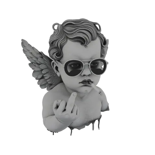 3D модель херувима в очках и с сигаретой, показывающего средний палец.