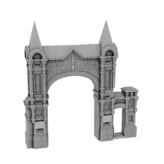 Рендер 3D модели серой, похожей на камень готической арки с двумя остроконечными шпилями и сломанной секцией справа.