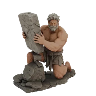 3D модель статуэтки Гефеста, стоящего на одном колене и держащего воображаемую плиту, с проработанными мышцами и пальцами.