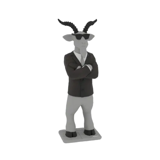 3D модель серого козла в черном костюме, белой рубашке, галстуке и черных очках, стоящего со скрещенными руками на сером осно