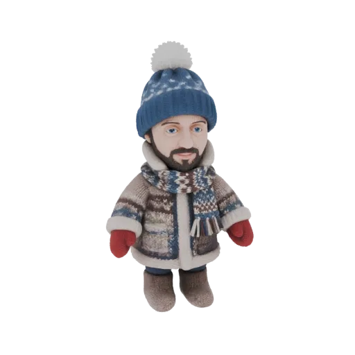 3D модель мужчины в синей зимней шапке, шарфе, пальто, с красными варежками и коричневыми ботинками.