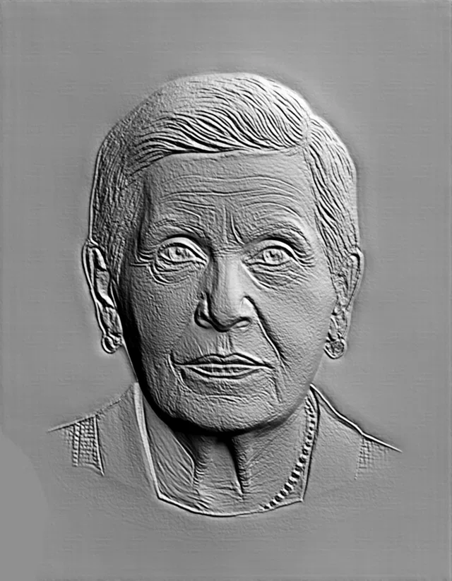 3D модель барельефа пожилой женщины с бусами, выполненная в сером цвете, с высокой детализацией морщин и черт лица.