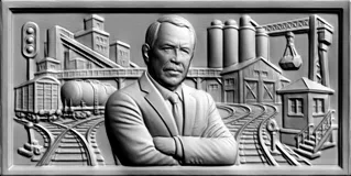 3D модель барельефа с мужчиной в костюме на фоне индустриального пейзажа с заводами и поездами