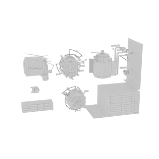 Рендер 3D модели различных компонентов промышленного оборудования, включая насосы, резервуары и механические детали, располож