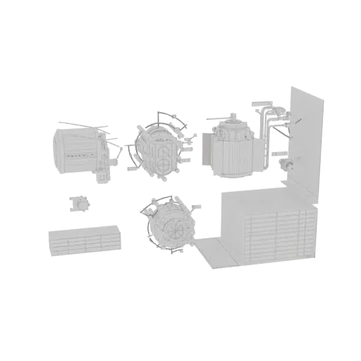 Рендер 3D модели различных компонентов промышленного оборудования, включая насосы, резервуары и механические детали, располож