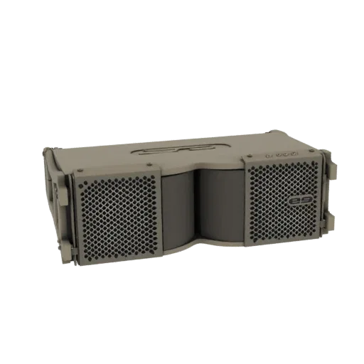 3D модель модульной акустической системы Line Array серого промышленного дизайна с несколькими соединяющимися блоками динамиков.