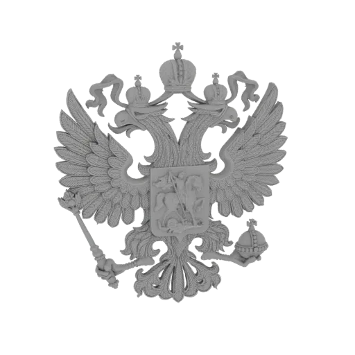 Рендер 3D модели герба двуглавого орла серого цвета с коронами, скипетром и державой.