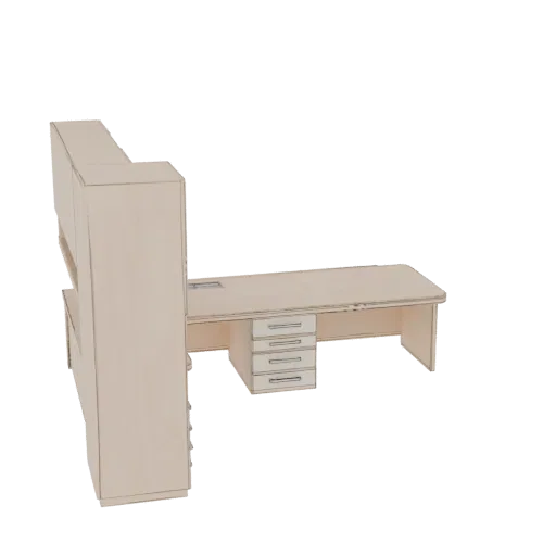 3D модель современного углового офисного стола с надстройкой и ящиками, выполненная в светлой отделке под дерево на белом фон