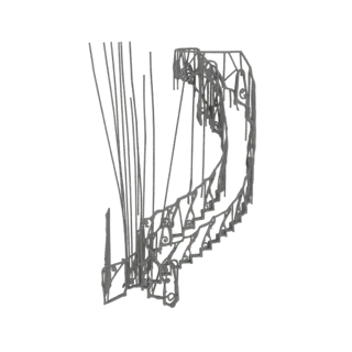 Детализированная 3D модель арфы, построенная из изящных серых каркасов на белом фоне.