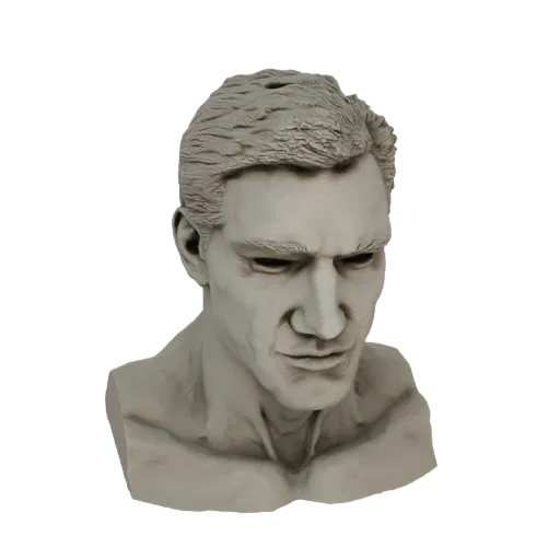 Рендер 3D модели бюста стоика, вылепленного с реалистичной детализацией и нейтральной текстурой под камень.