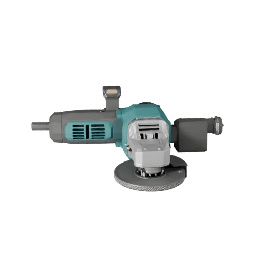 Низкополигональная 3D-модель компактной угловой шлифмашины, вид в игровом окне в три четверти, показывающий формованный пласт