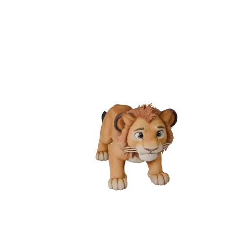 Мультяшная 3D-модель львёнка, вид сбоку, рендер дикой природы, стилизованная модель животного с подушечками усов, скольжением