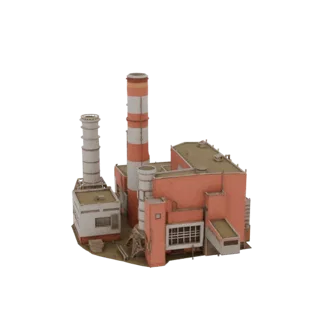 3D модель промышленной электростанции с двумя высокими трубами, одна красно-белая полосатая, и комплекс оранжевых зданий с ок