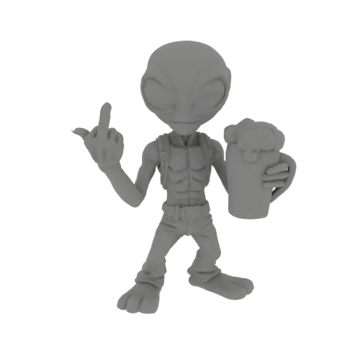 3D модель серого инопланетянина с кружкой пива, показывающего средний палец.