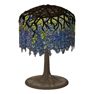 3D модель настольной лампы Tiffany Studios 'Wisteria' с витражным абажуром, изображающим сине-фиолетовые цветы глицинии, и ос