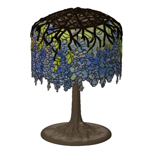 3D модель настольной лампы Tiffany Studios 'Wisteria' с витражным абажуром, изображающим сине-фиолетовые цветы глицинии, и ос