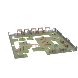 3D модель миниатюрной полосы препятствий для собак с туннелями, прыжками, слаломом и травяным основанием.