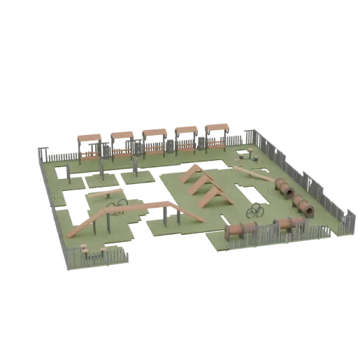 3D модель миниатюрной полосы препятствий для собак с туннелями, прыжками, слаломом и травяным основанием.