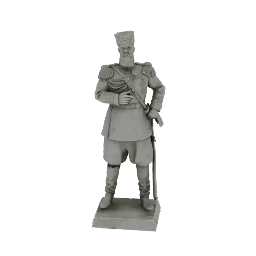 3D модель викторианского генерала в мундире, стоящего на подставке, детализированная с медалями и шпагой.