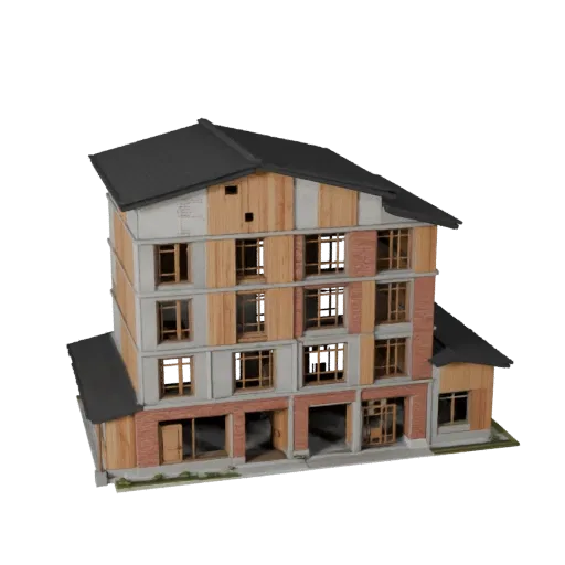 Стилизованная 3D модель эко-дома, изометрический вид стилизованной игровой среды, показывающий материалы жилого здания и архи